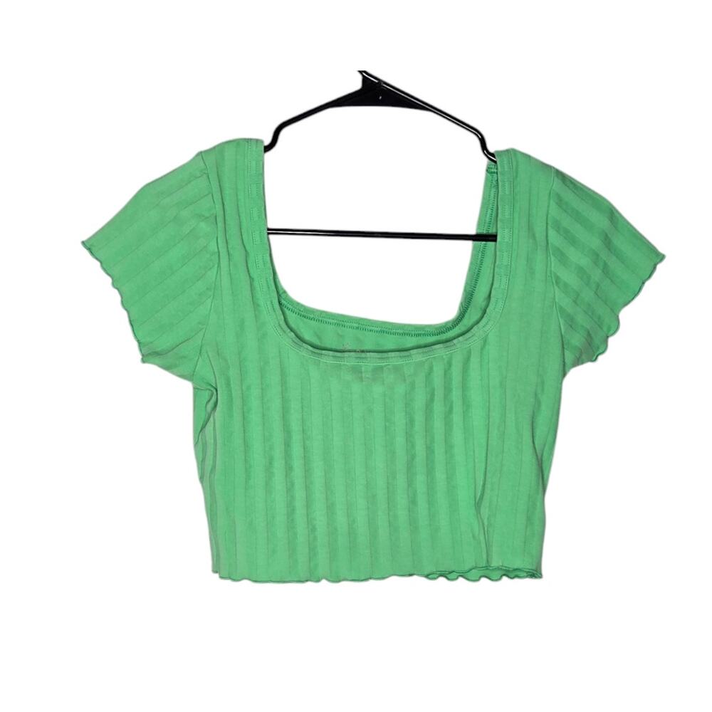 Offline by Aerie Green Ribbed Square Neck Short Sleeve Crop Top Women's Medium